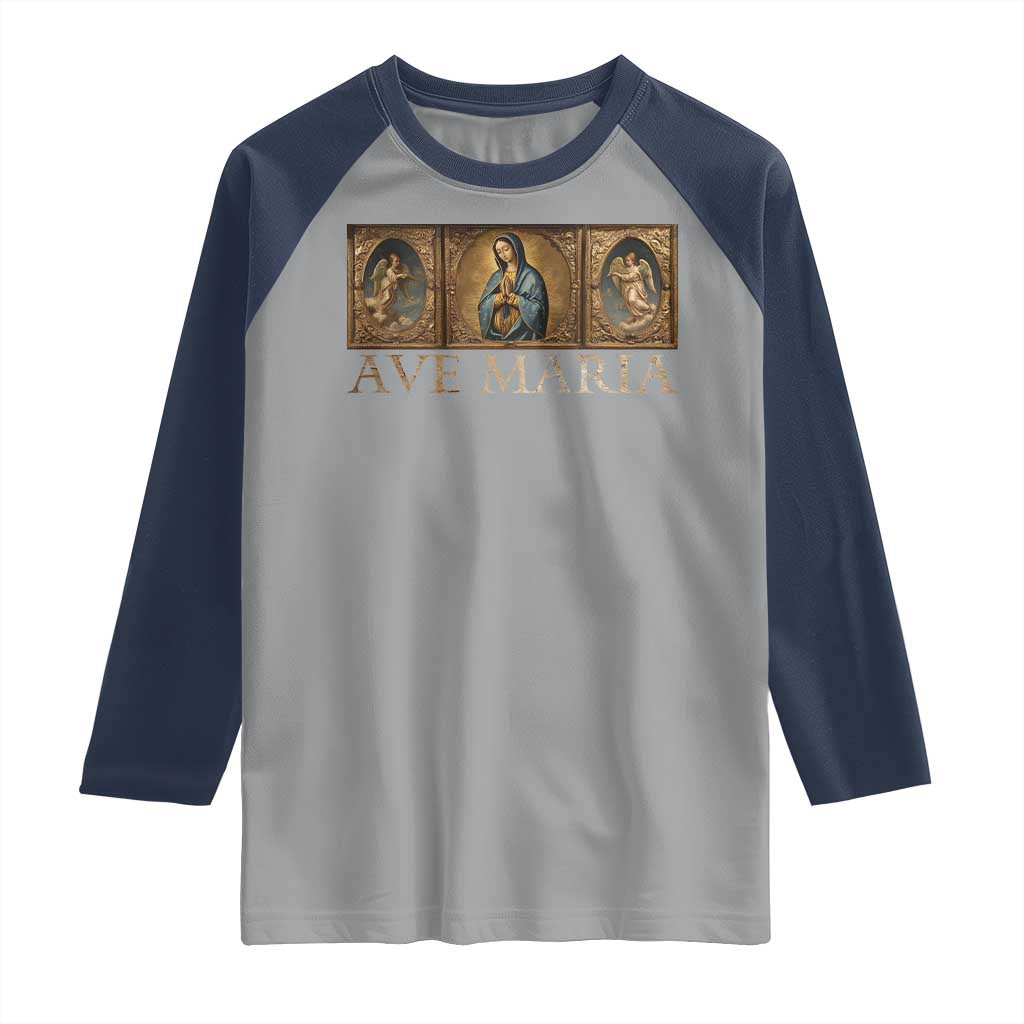 Marian Catholic Ave Maria Raglan Shirt Vintage Aesthetic Blessed Mother Mary Hail