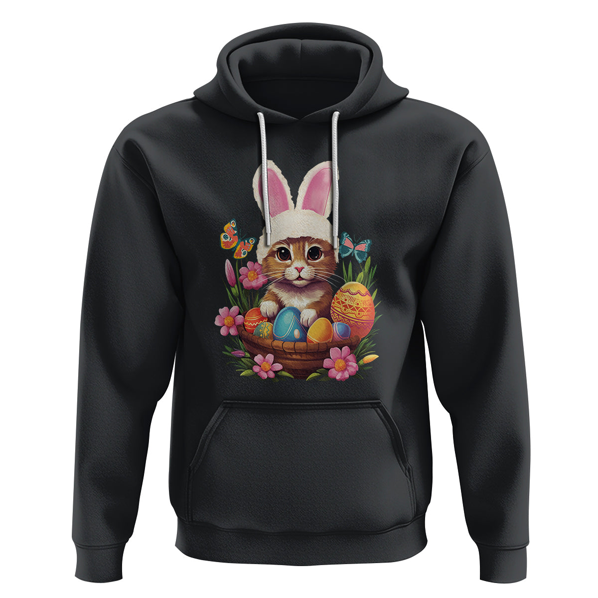 Easter Day Hoodie Cute Bunny Cat Lover Eggs Basket - Wonder Print Shop