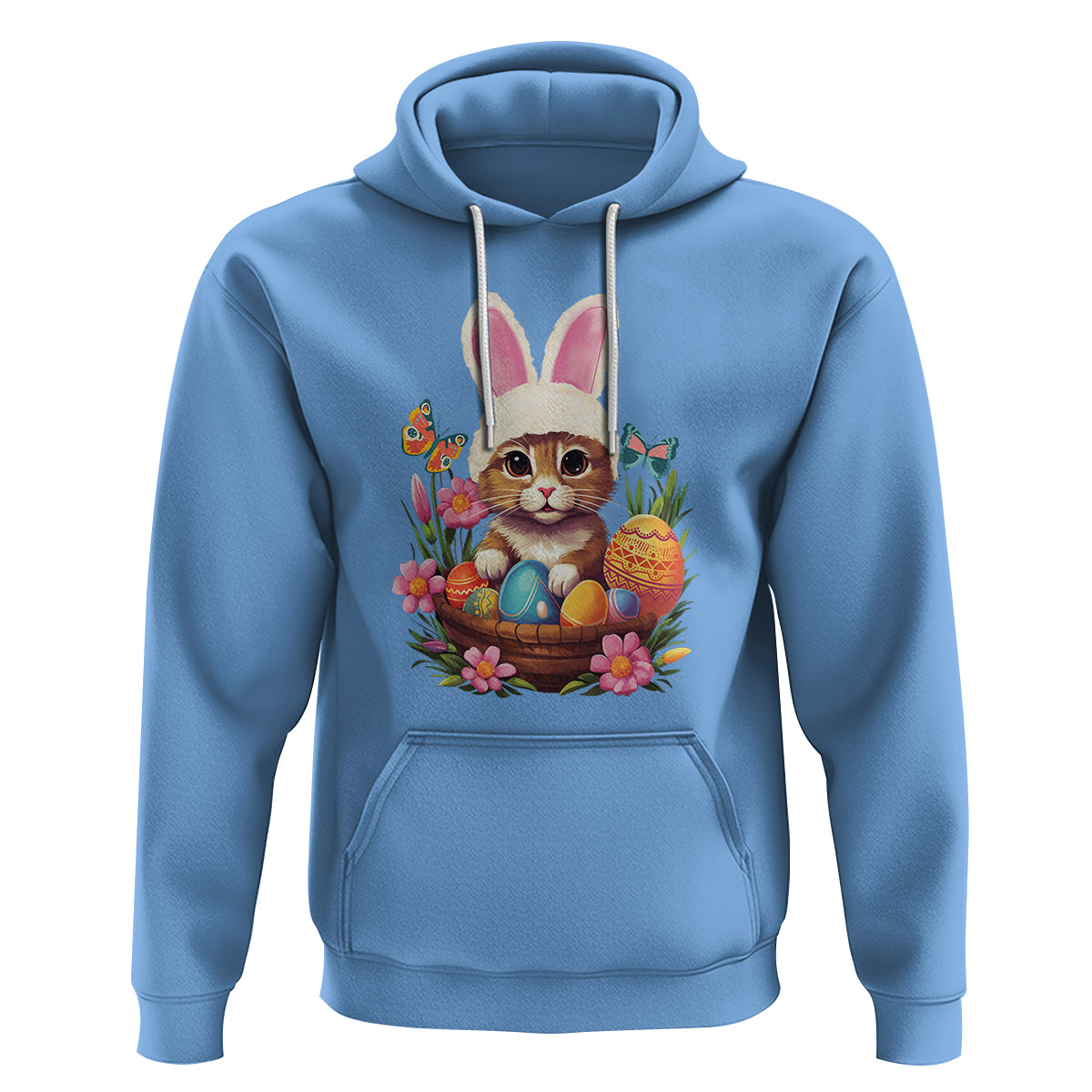 Easter Day Hoodie Cute Bunny Cat Lover Eggs Basket - Wonder Print Shop