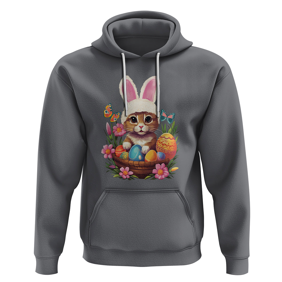 Easter Day Hoodie Cute Bunny Cat Lover Eggs Basket - Wonder Print Shop