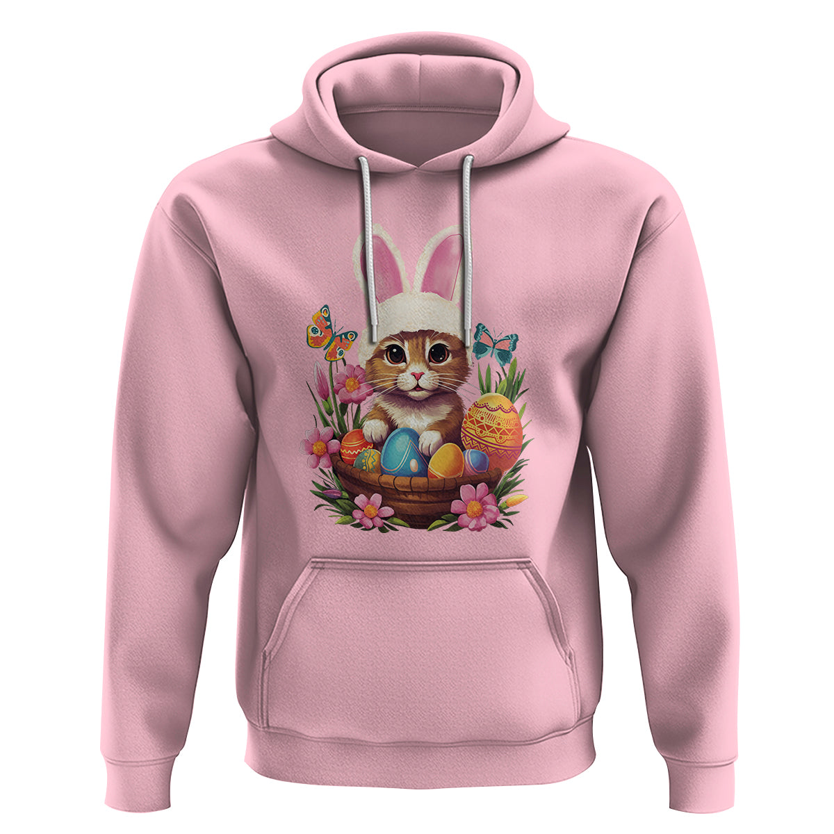 Easter Day Hoodie Cute Bunny Cat Lover Eggs Basket - Wonder Print Shop