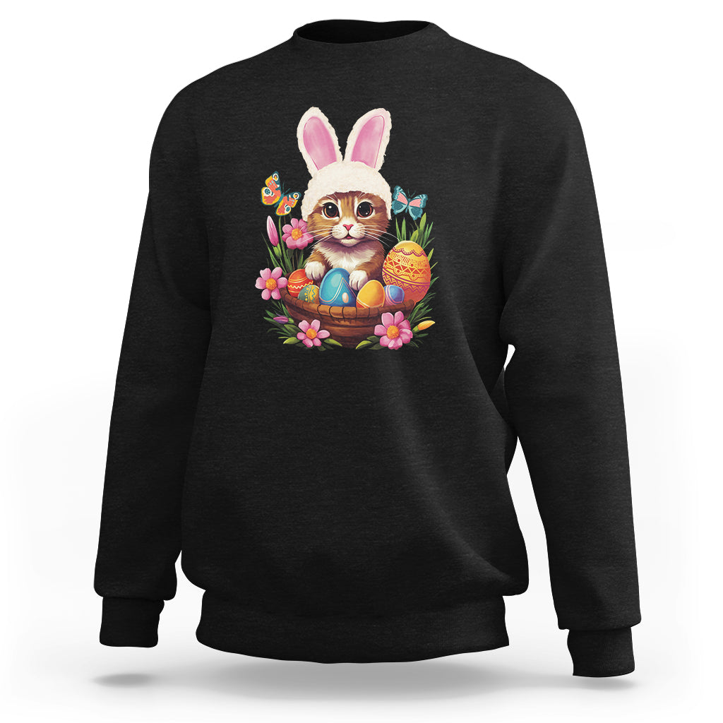 Easter Day Sweatshirt Cute Bunny Cat Lover Eggs Basket - Wonder Print Shop