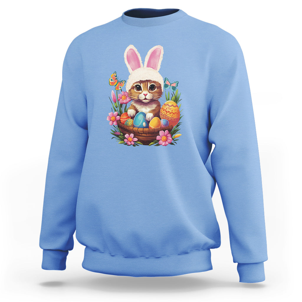 Easter Day Sweatshirt Cute Bunny Cat Lover Eggs Basket - Wonder Print Shop