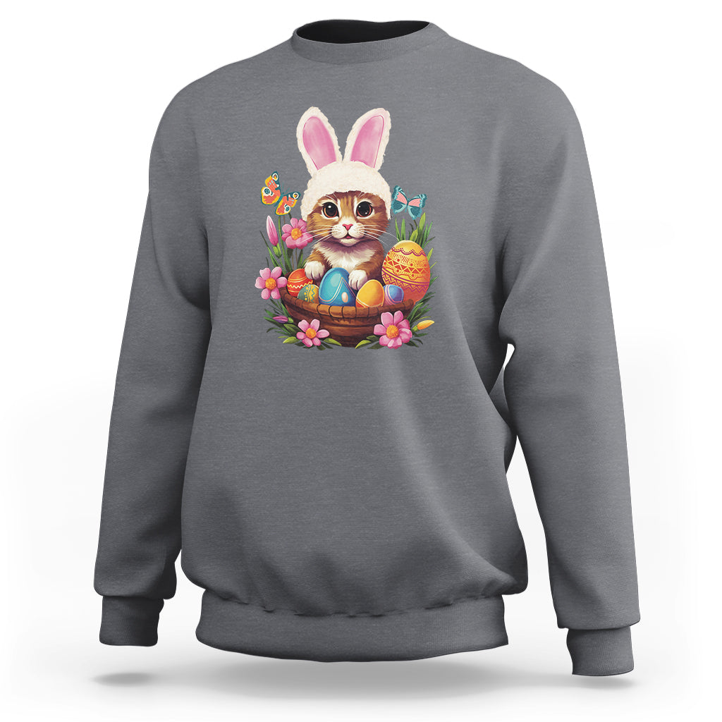 Easter Day Sweatshirt Cute Bunny Cat Lover Eggs Basket - Wonder Print Shop