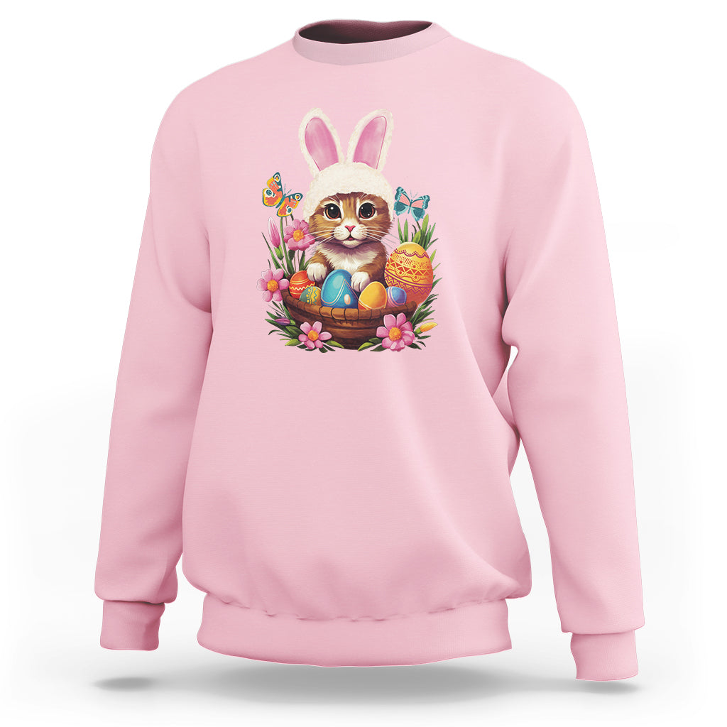 Easter Day Sweatshirt Cute Bunny Cat Lover Eggs Basket - Wonder Print Shop