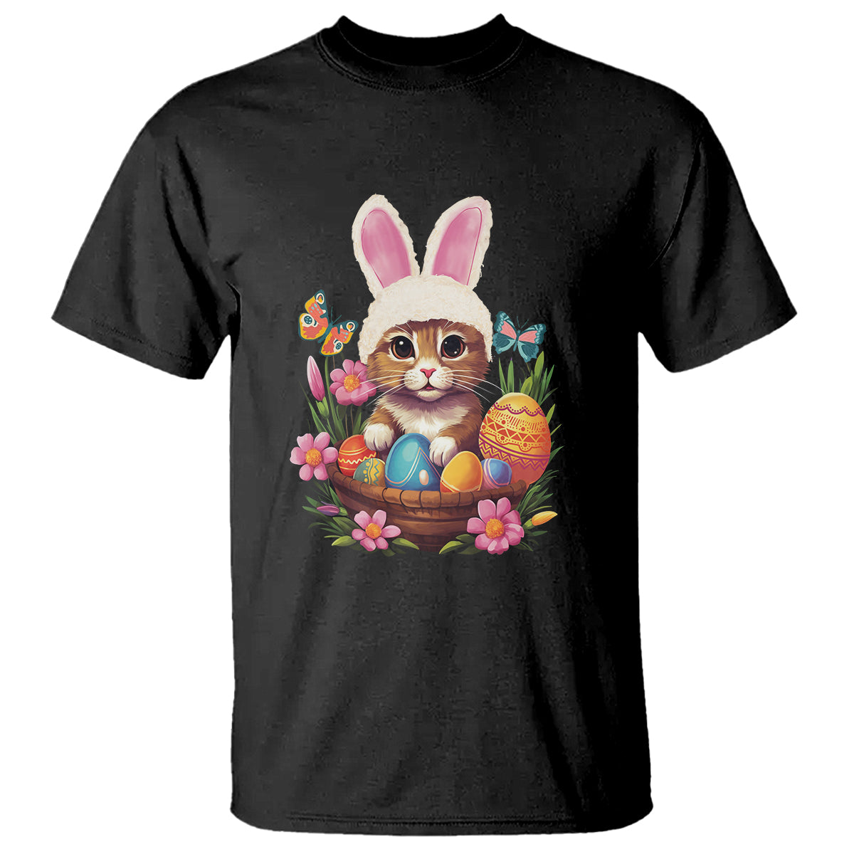 Easter Day T Shirt Cute Bunny Cat Lover Eggs Basket - Wonder Print Shop
