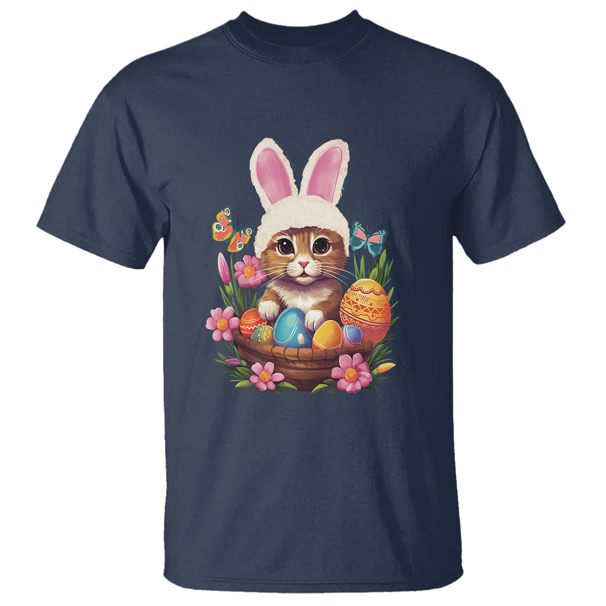 Easter Day T Shirt Cute Bunny Cat Lover Eggs Basket - Wonder Print Shop
