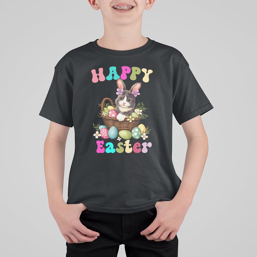 Easter Day T Shirt For Kid Cute Cat Bunny Costume Egg Basket - Wonder Print Shop
