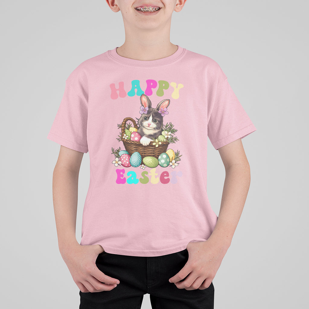 Easter Day T Shirt For Kid Cute Cat Bunny Costume Egg Basket - Wonder Print Shop