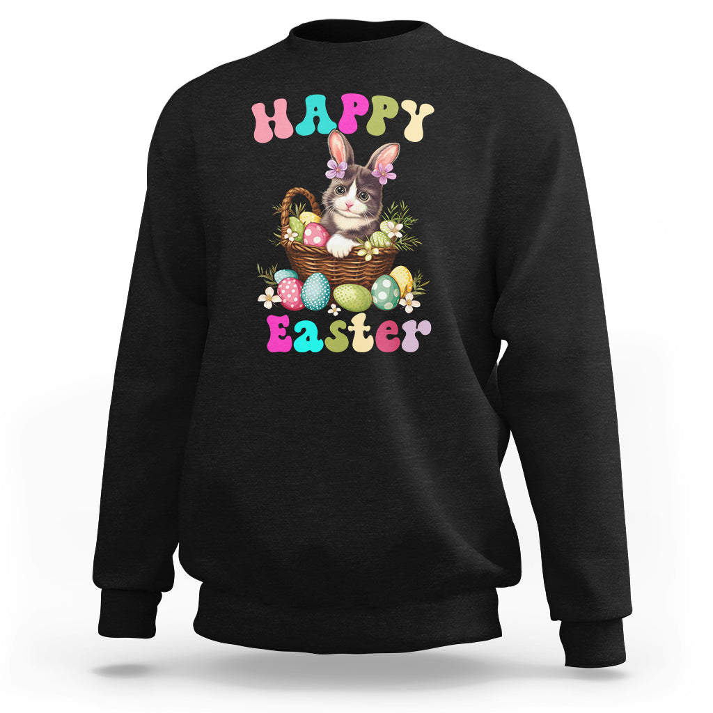 Easter Day Sweatshirt Cute Cat Bunny Costume Egg Basket - Wonder Print Shop