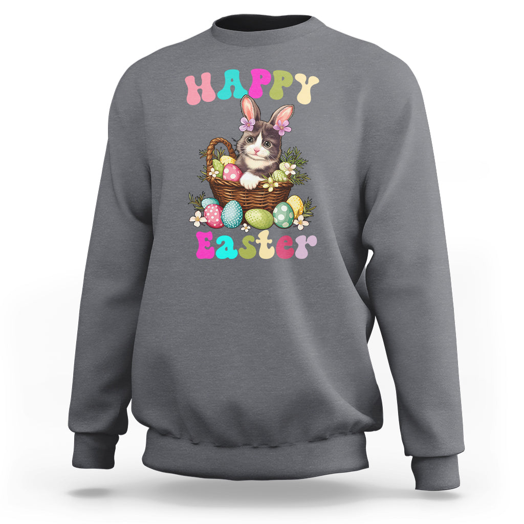 Easter Day Sweatshirt Cute Cat Bunny Costume Egg Basket - Wonder Print Shop