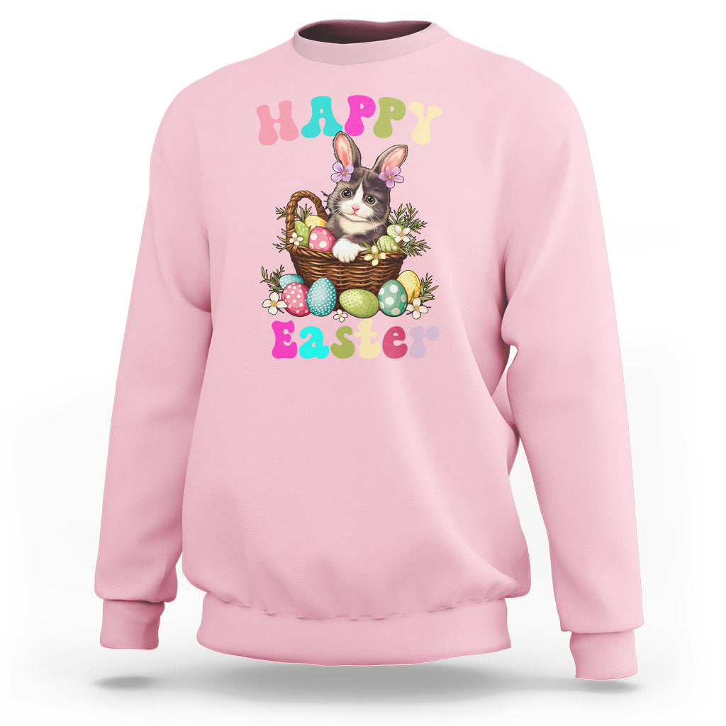 Easter Day Sweatshirt Cute Cat Bunny Costume Egg Basket - Wonder Print Shop