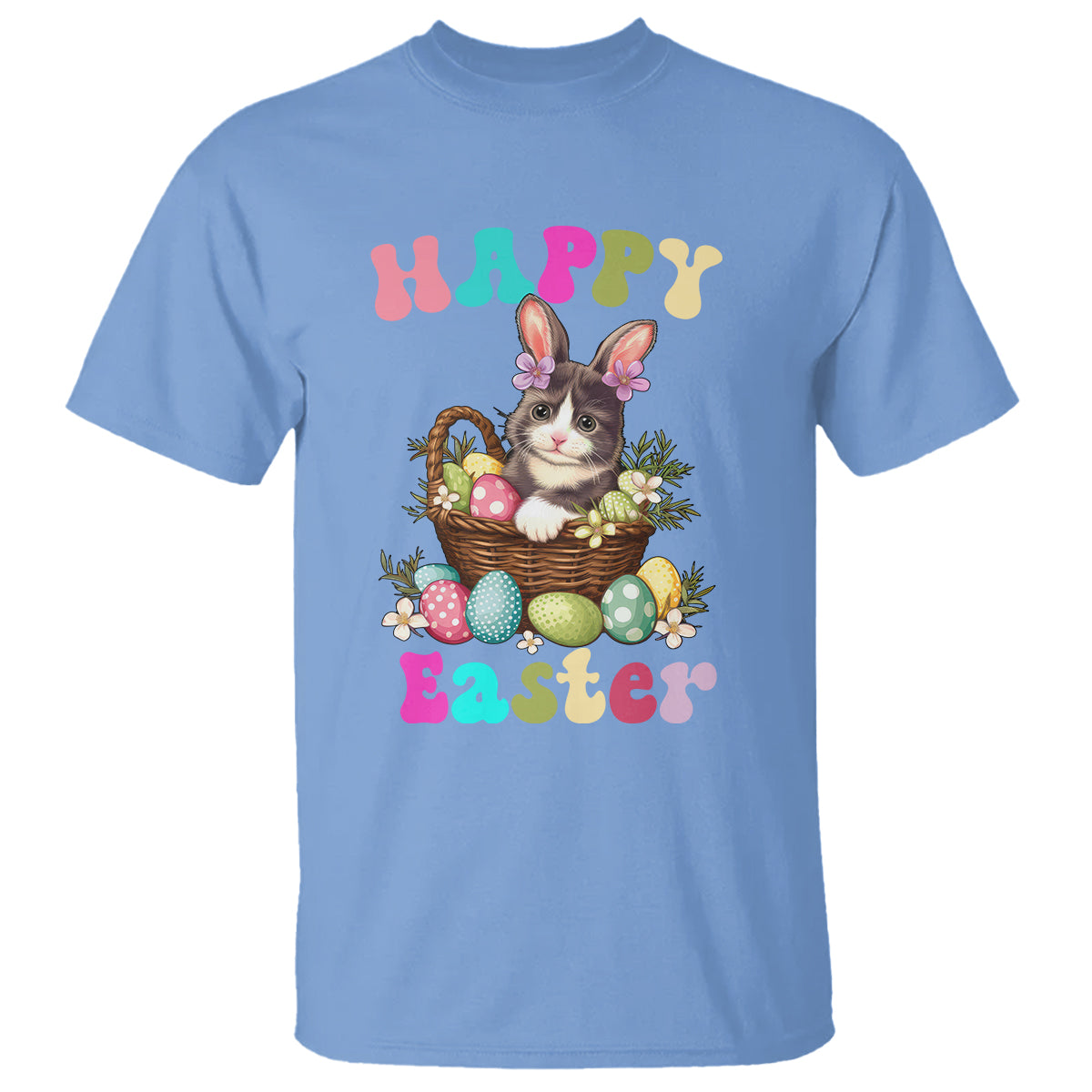 Easter Day T Shirt Cute Cat Bunny Costume Egg Basket - Wonder Print Shop