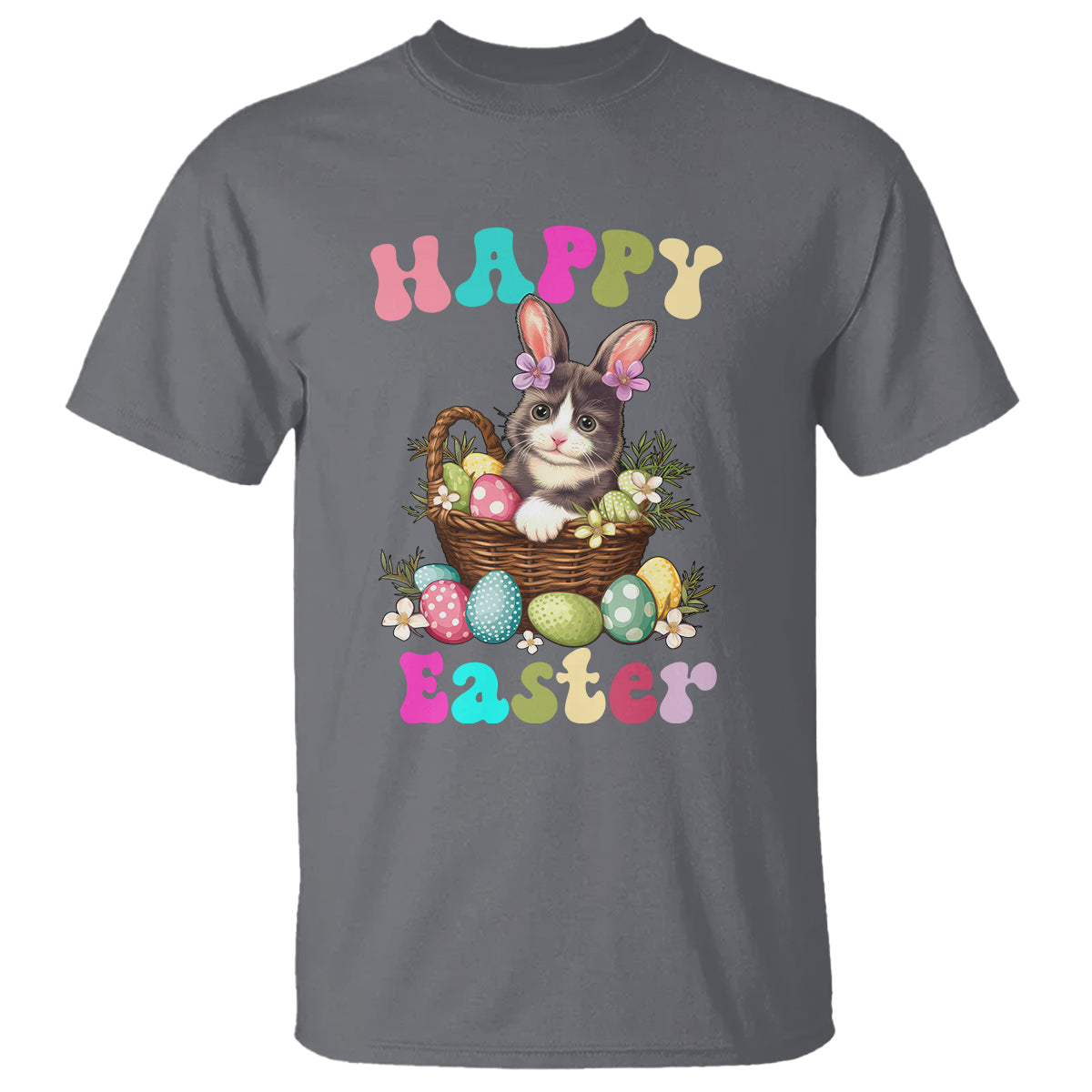 Easter Day T Shirt Cute Cat Bunny Costume Egg Basket - Wonder Print Shop