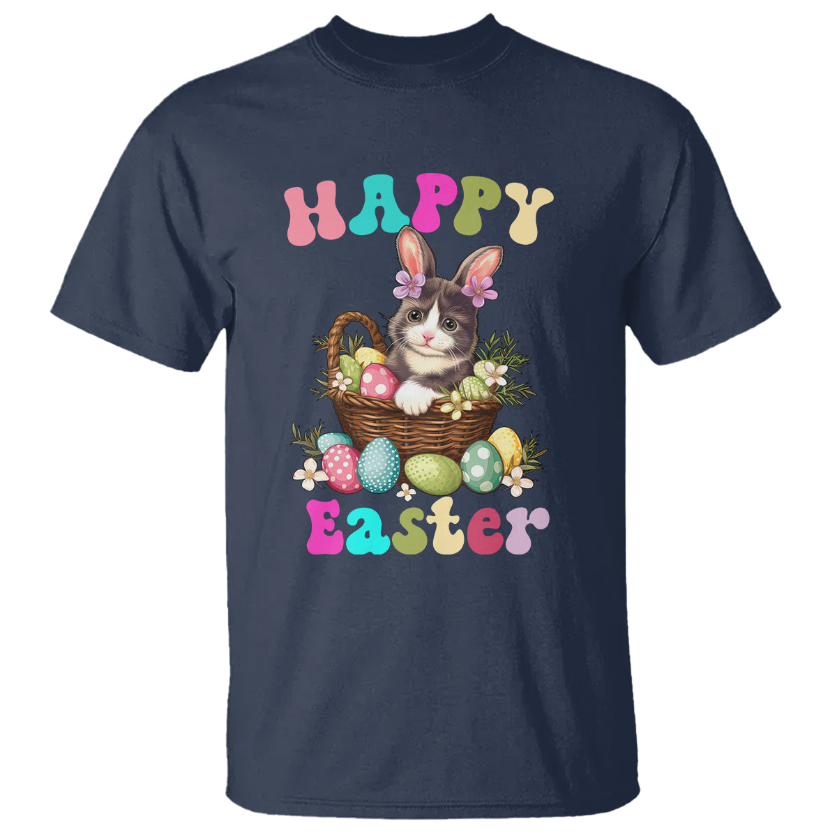 Easter Day T Shirt Cute Cat Bunny Costume Egg Basket - Wonder Print Shop