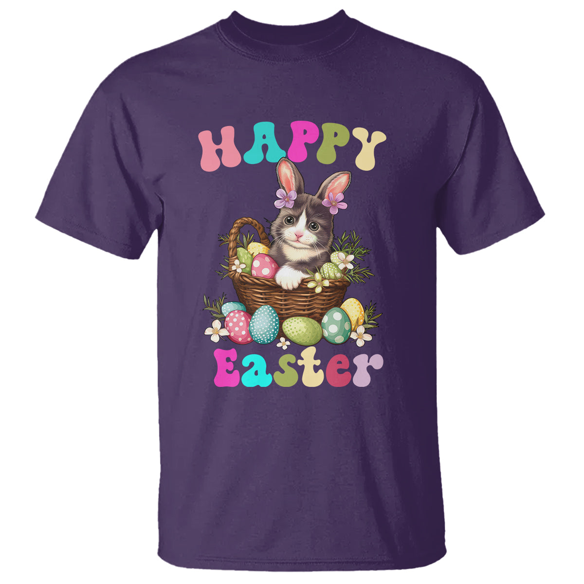 Easter Day T Shirt Cute Cat Bunny Costume Egg Basket - Wonder Print Shop