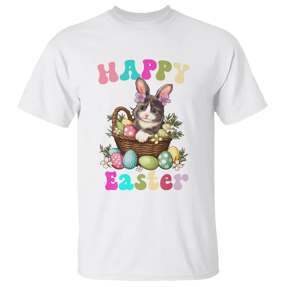 Easter Day T Shirt Cute Cat Bunny Costume Egg Basket - Wonder Print Shop