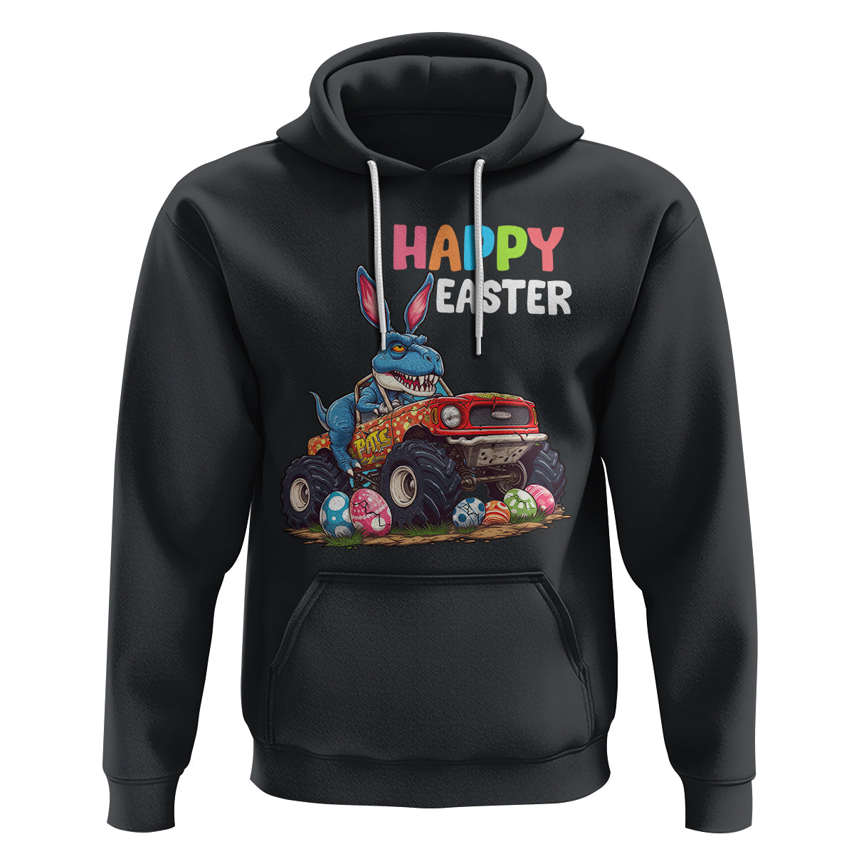 Happy Easter Day Hoodie Bunny Dinosaur Riding Monster Truck Hunting Egg - Wonder Print Shop