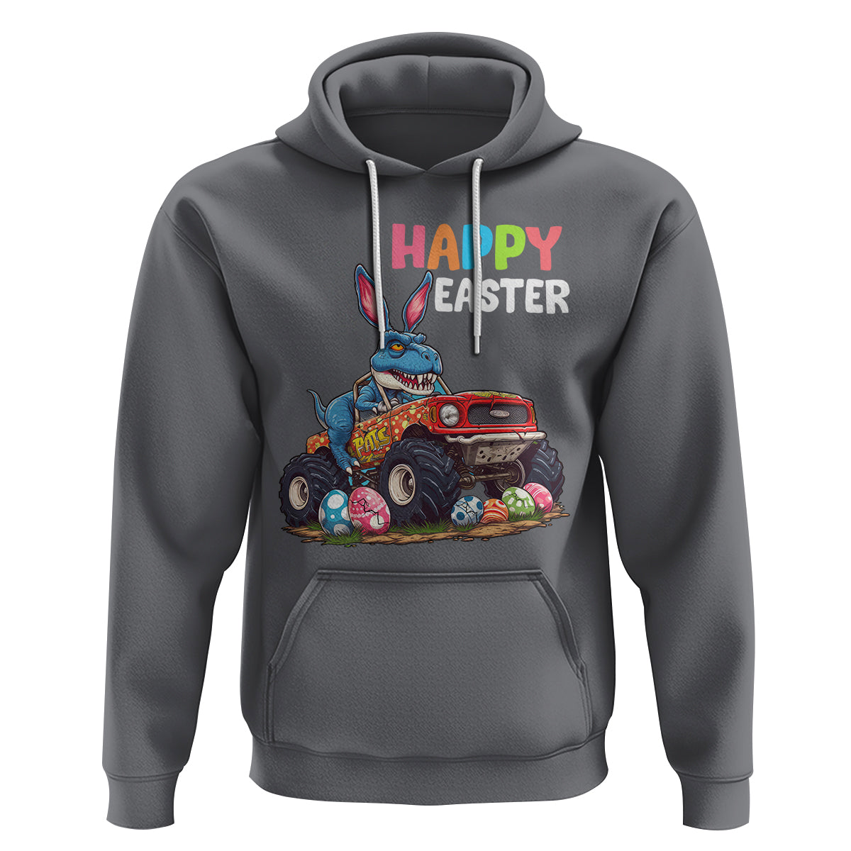 Happy Easter Day Hoodie Bunny Dinosaur Riding Monster Truck Hunting Egg - Wonder Print Shop