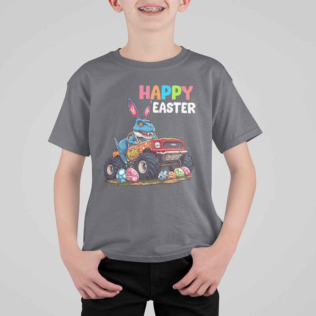 Happy Easter Day T Shirt For Kid Bunny Dinosaur Riding Monster Truck Hunting Egg - Wonder Print Shop