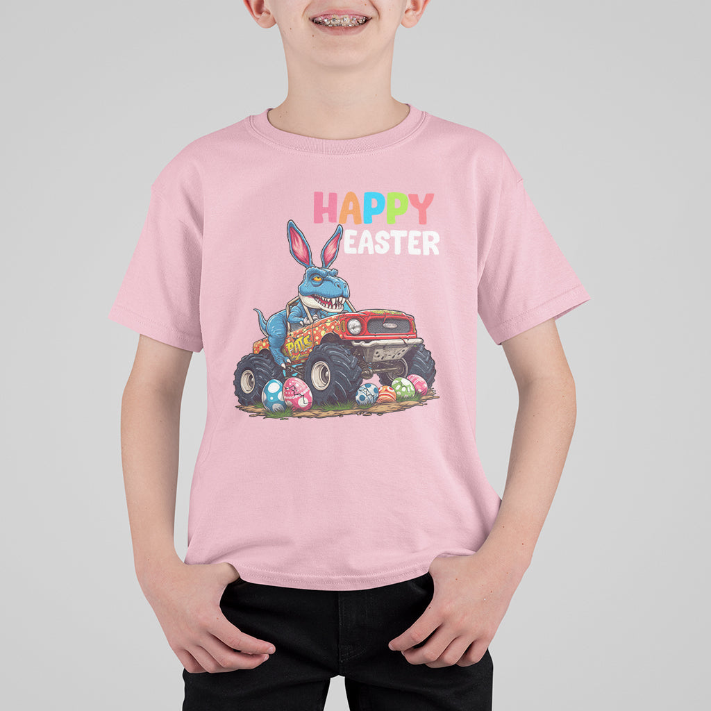 Happy Easter Day T Shirt For Kid Bunny Dinosaur Riding Monster Truck Hunting Egg - Wonder Print Shop