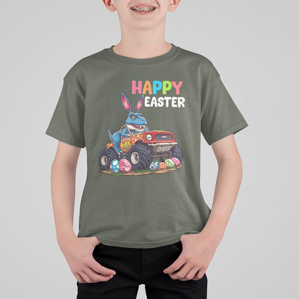 Happy Easter Day T Shirt For Kid Bunny Dinosaur Riding Monster Truck Hunting Egg - Wonder Print Shop