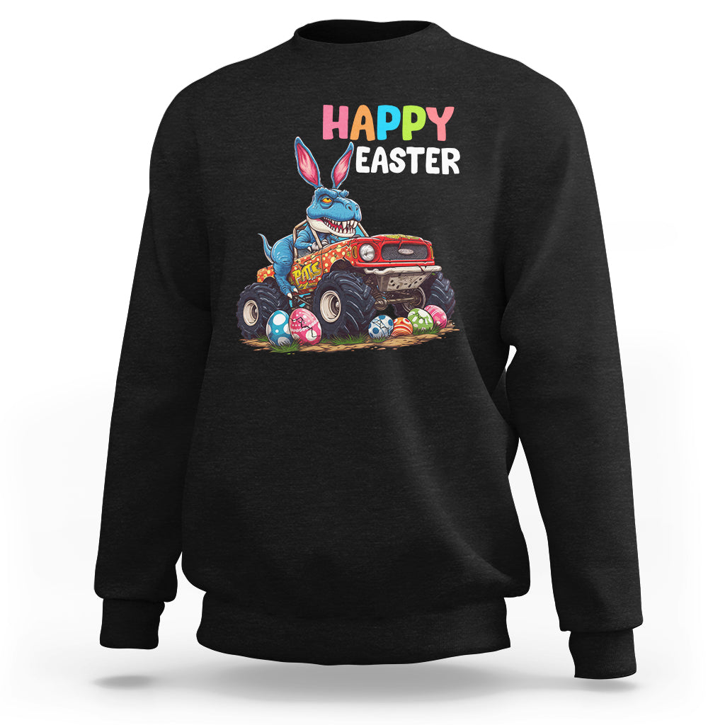 Happy Easter Day Sweatshirt Bunny Dinosaur Riding Monster Truck Hunting Egg - Wonder Print Shop