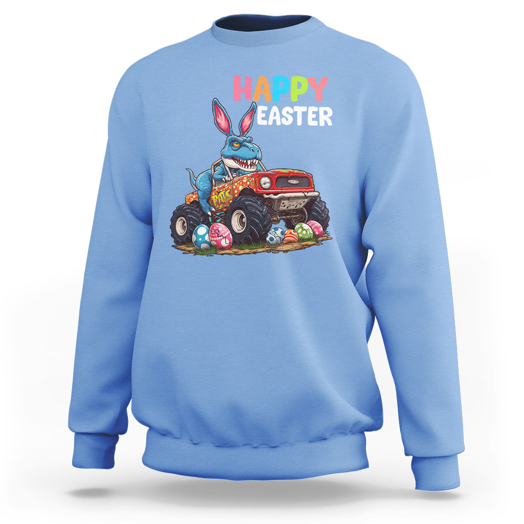 Happy Easter Day Sweatshirt Bunny Dinosaur Riding Monster Truck Hunting Egg - Wonder Print Shop