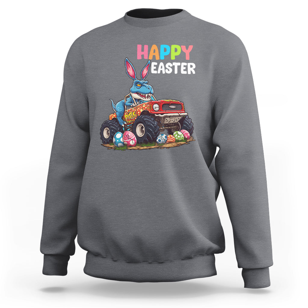 Happy Easter Day Sweatshirt Bunny Dinosaur Riding Monster Truck Hunting Egg - Wonder Print Shop