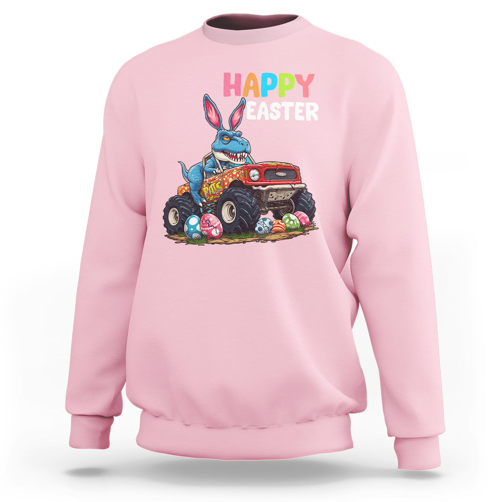 Happy Easter Day Sweatshirt Bunny Dinosaur Riding Monster Truck Hunting Egg - Wonder Print Shop