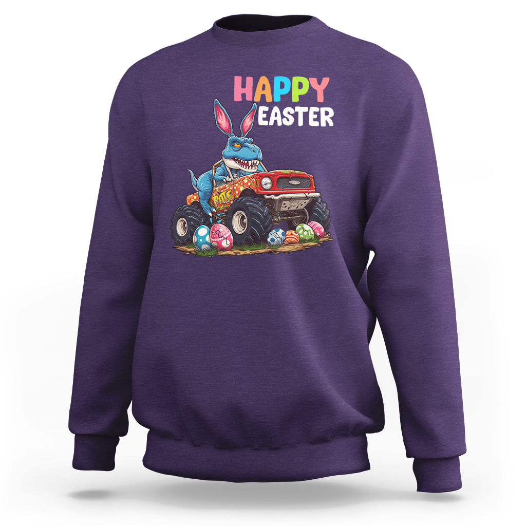 Happy Easter Day Sweatshirt Bunny Dinosaur Riding Monster Truck Hunting Egg - Wonder Print Shop