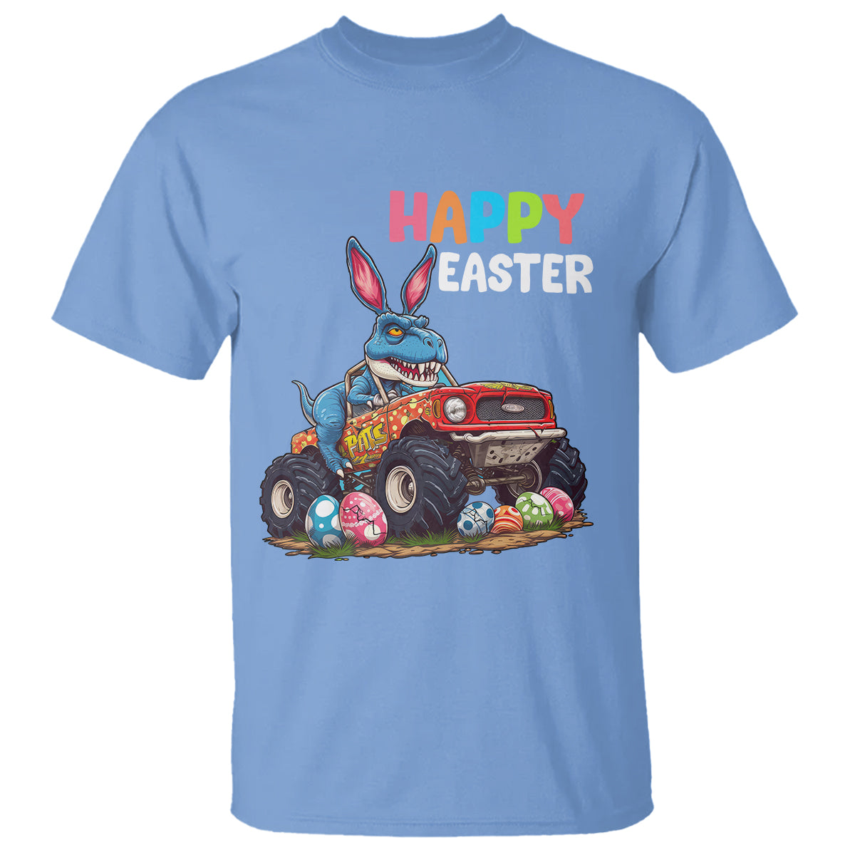 Happy Easter Day T Shirt Bunny Dinosaur Riding Monster Truck Hunting Egg - Wonder Print Shop