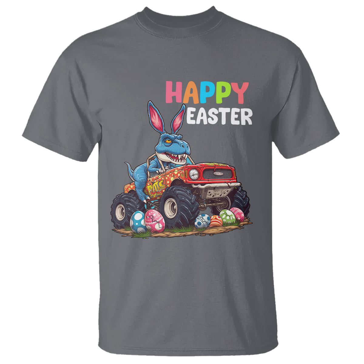 Happy Easter Day T Shirt Bunny Dinosaur Riding Monster Truck Hunting Egg - Wonder Print Shop