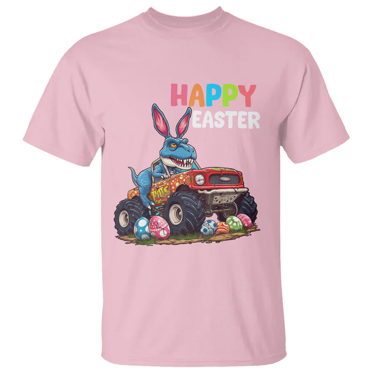 Happy Easter Day T Shirt Bunny Dinosaur Riding Monster Truck Hunting Egg - Wonder Print Shop