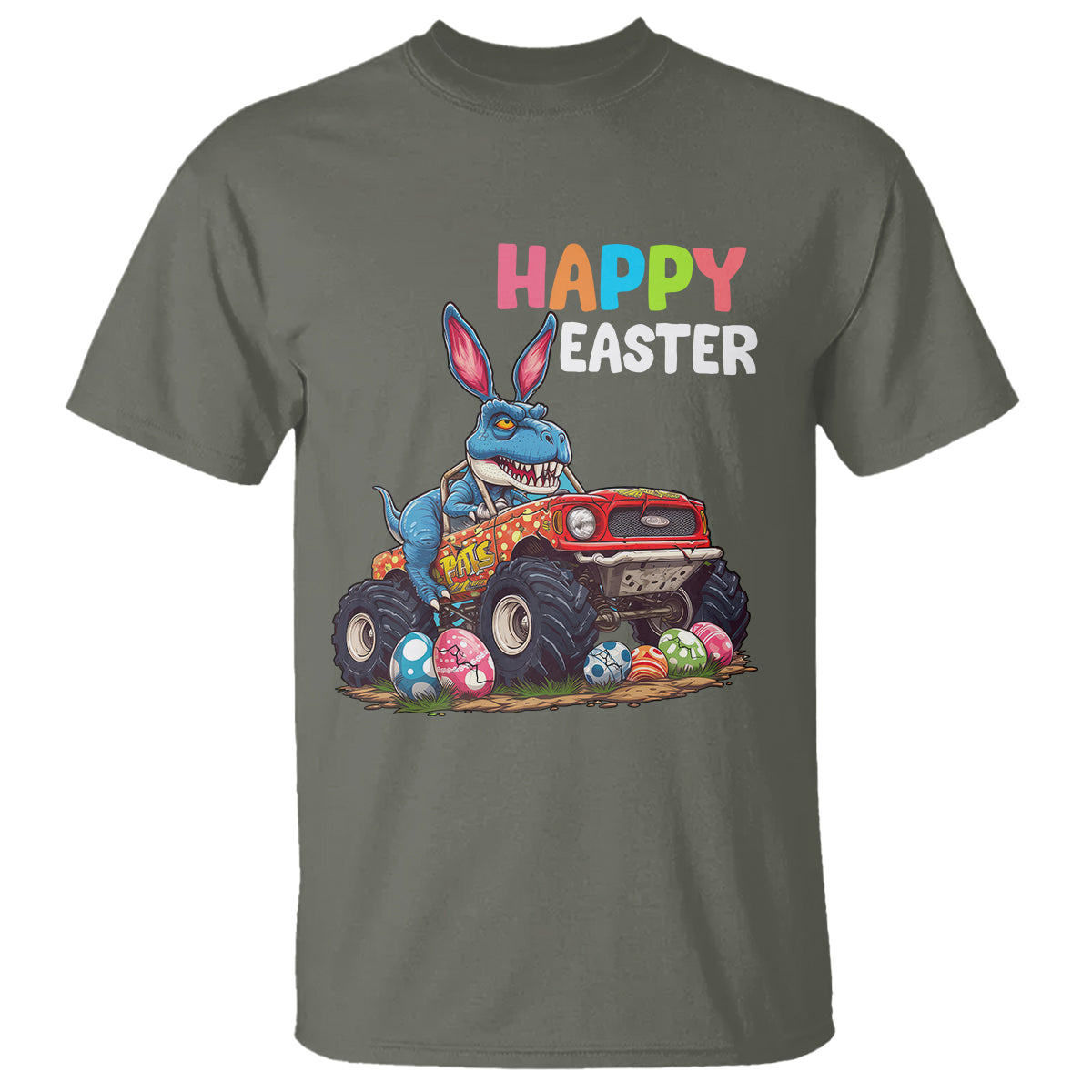 Happy Easter Day T Shirt Bunny Dinosaur Riding Monster Truck Hunting Egg - Wonder Print Shop