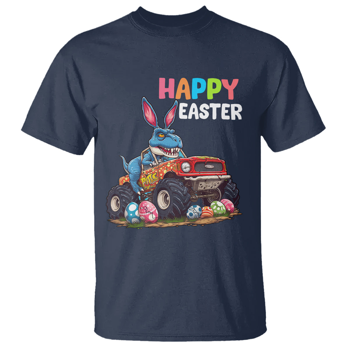 Happy Easter Day T Shirt Bunny Dinosaur Riding Monster Truck Hunting Egg - Wonder Print Shop