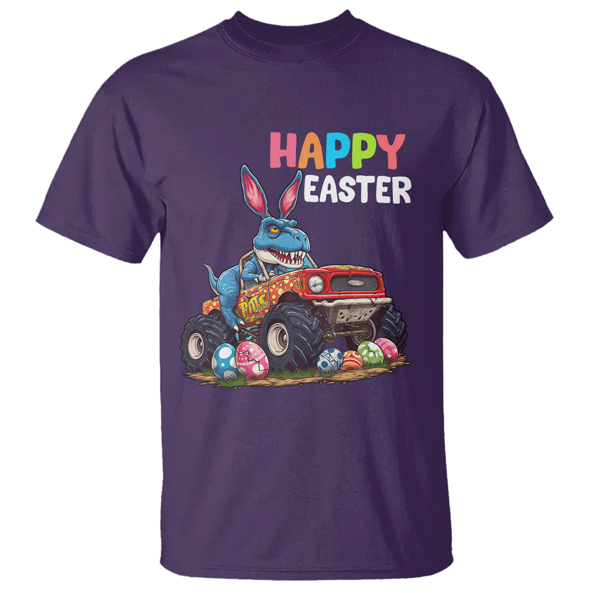 Happy Easter Day T Shirt Bunny Dinosaur Riding Monster Truck Hunting Egg - Wonder Print Shop