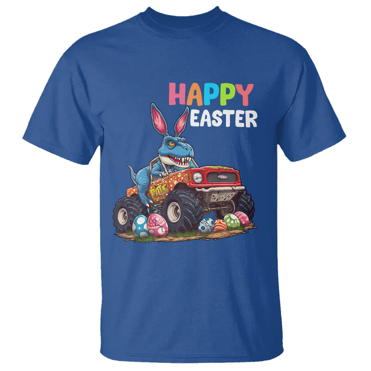 Happy Easter Day T Shirt Bunny Dinosaur Riding Monster Truck Hunting Egg - Wonder Print Shop