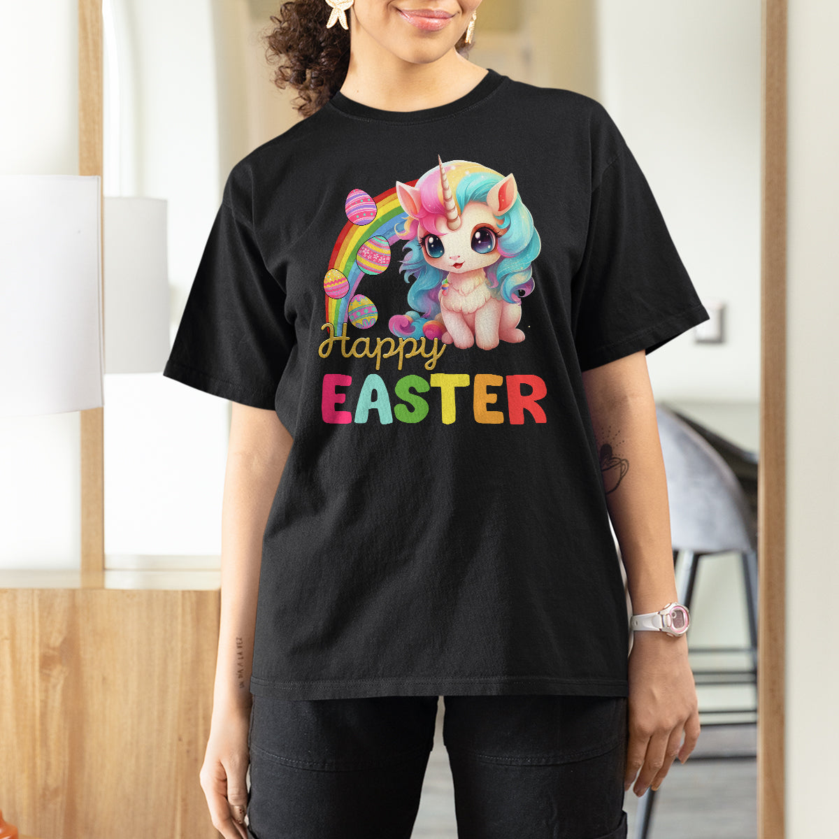 Easter Day Cute Unicorn Bunny Egg Basket T Shirt For Women - Wonder Print Shop