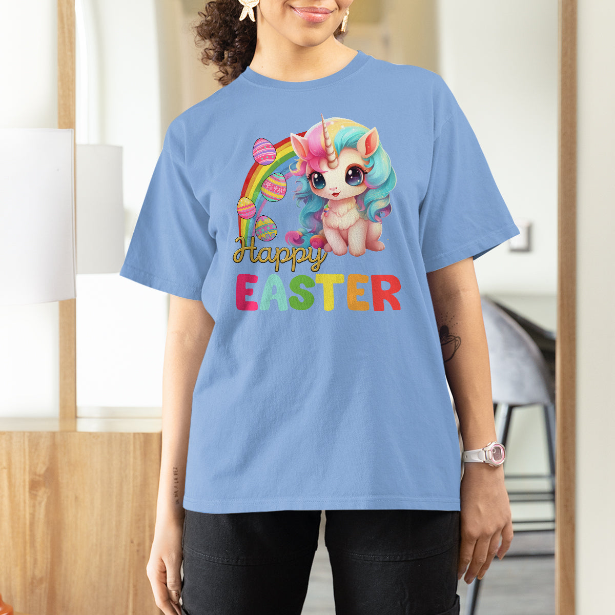 Easter Day Cute Unicorn Bunny Egg Basket T Shirt For Women - Wonder Print Shop