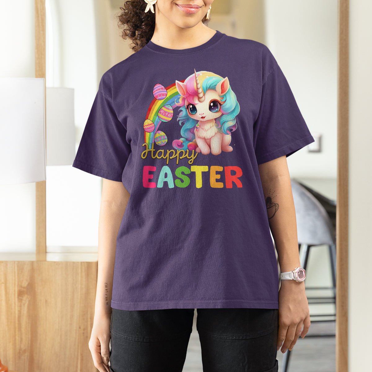 Easter Day Cute Unicorn Bunny Egg Basket T Shirt For Women - Wonder Print Shop