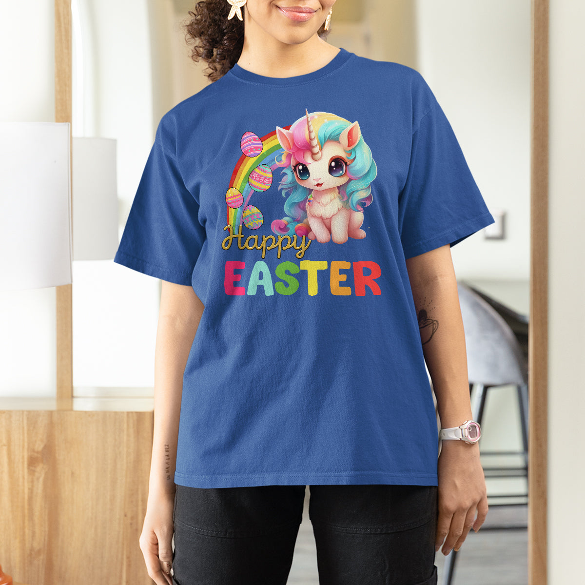 Easter Day Cute Unicorn Bunny Egg Basket T Shirt For Women - Wonder Print Shop
