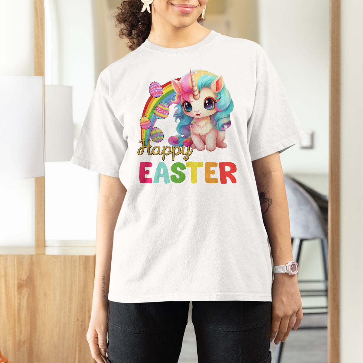 Easter Day Cute Unicorn Bunny Egg Basket T Shirt For Women - Wonder Print Shop
