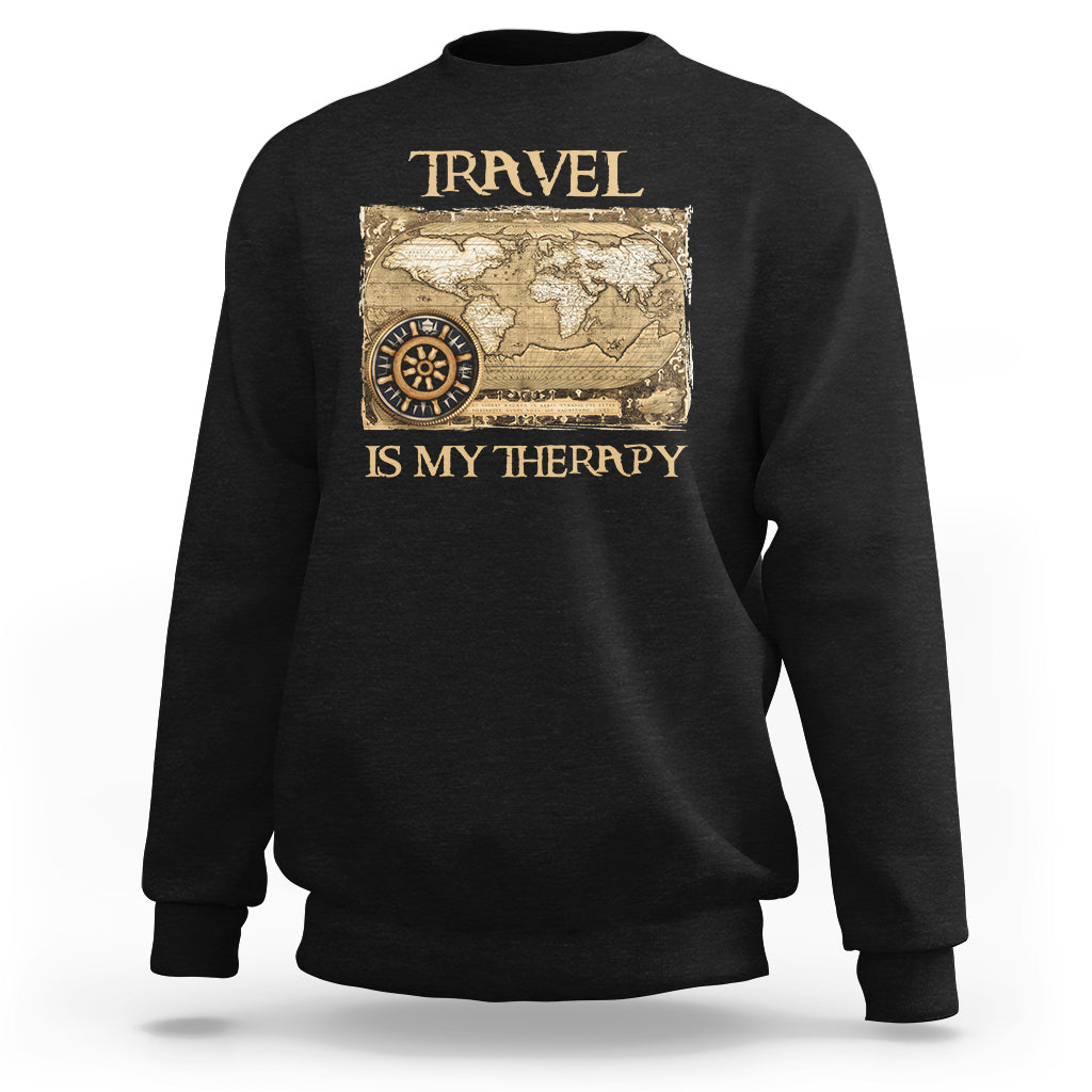 Travel Is My Therapy Sweatshirt Vintage World Map Traveling - Wonder Print Shop