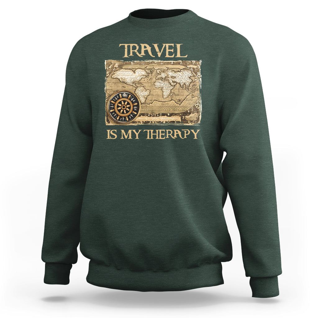 Travel Is My Therapy Sweatshirt Vintage World Map Traveling - Wonder Print Shop