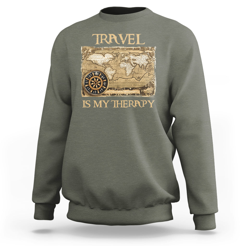 Travel Is My Therapy Sweatshirt Vintage World Map Traveling - Wonder Print Shop