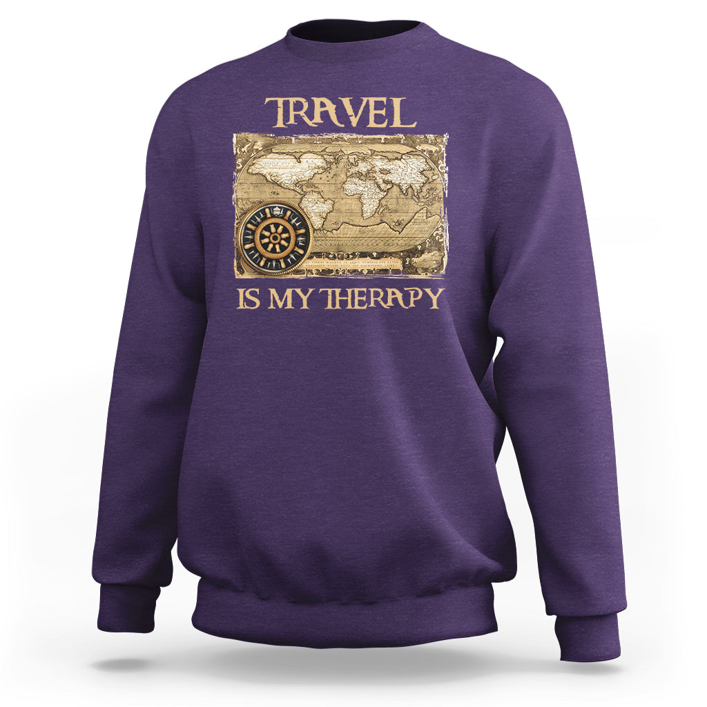 Travel Is My Therapy Sweatshirt Vintage World Map Traveling - Wonder Print Shop