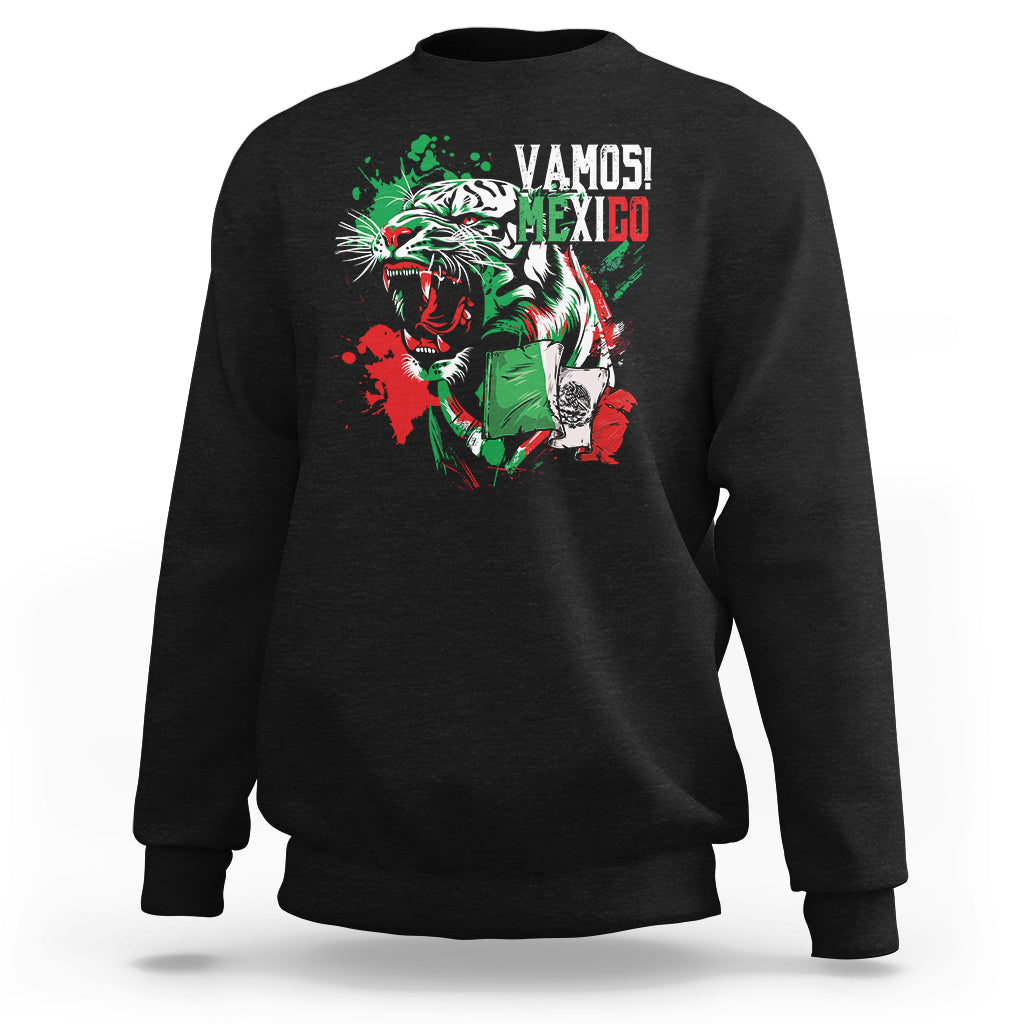 Mexican Soccer Fan Sweatshirt Vamos Mexico Flag Tiger - Wonder Print Shop