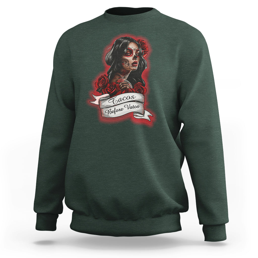 Tacos Before Vatos Chicana Chola Taco Lover Sweatshirt - Wonder Print Shop