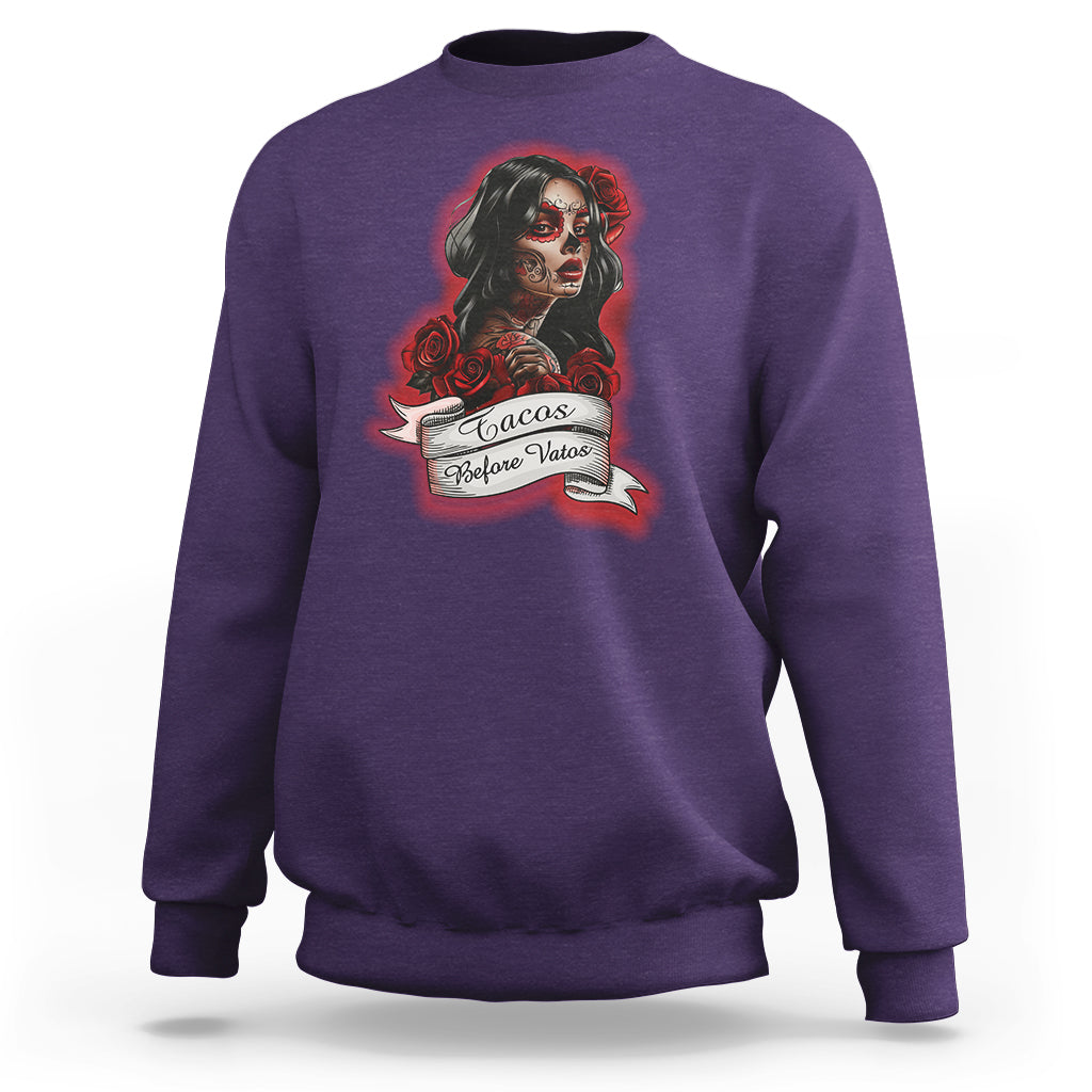 Tacos Before Vatos Chicana Chola Taco Lover Sweatshirt - Wonder Print Shop